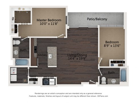 Floor plan for 2 beds, 2 baths, 987 sqft